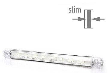 LED světelná lišta s elegantním designem, pohled na boční profil vlevo vedle textu 'slim' a šipkového diagramu.