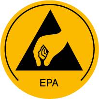 Žluté znamení s černým trojúhelníkem a rukou, která drží elektronickou součástku. Pod ním je nápis "EPA". Symbolizuje ochranu před elektrostatickým výbojem.