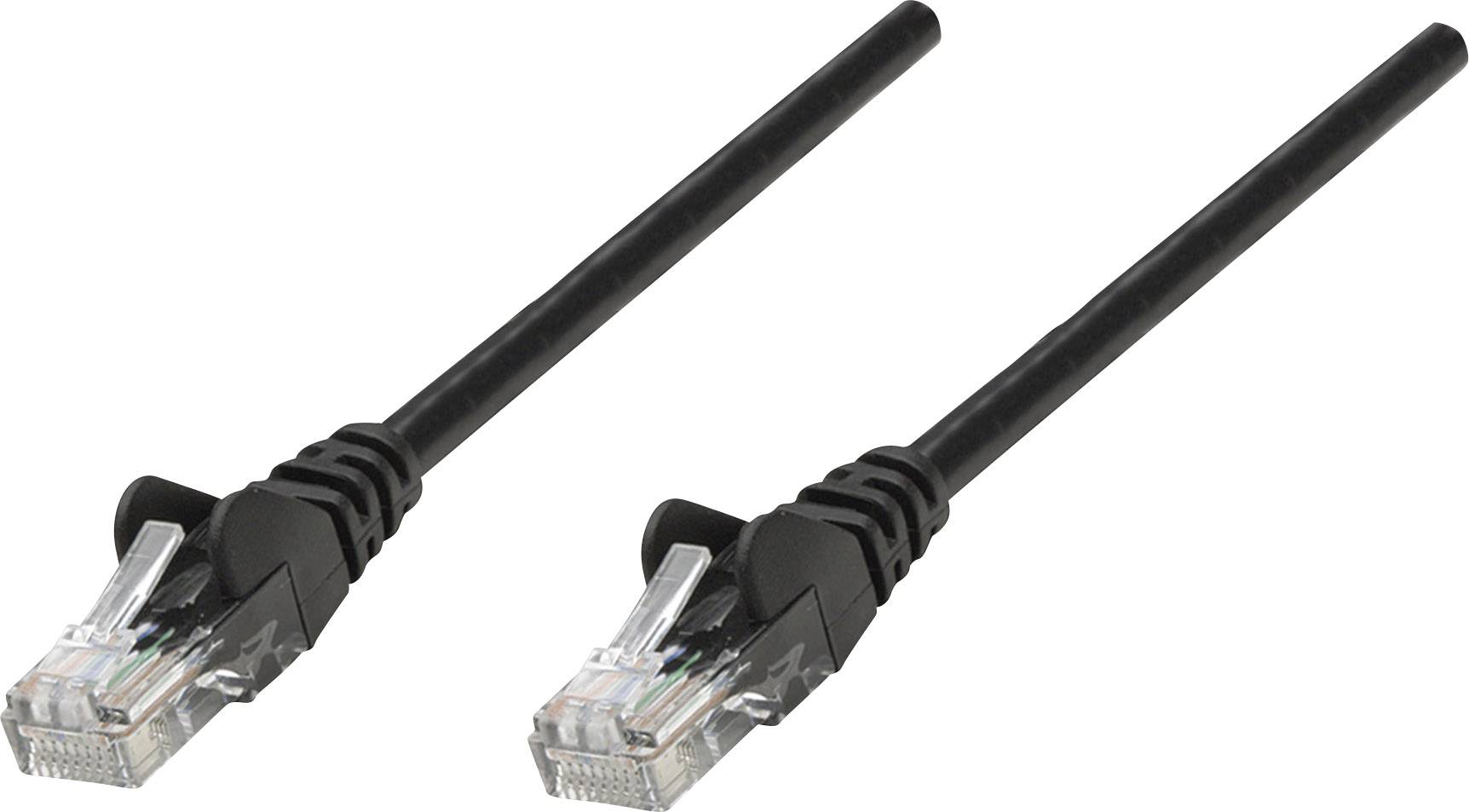 Dva černé ethernetové kabely s RJ45 konektory.