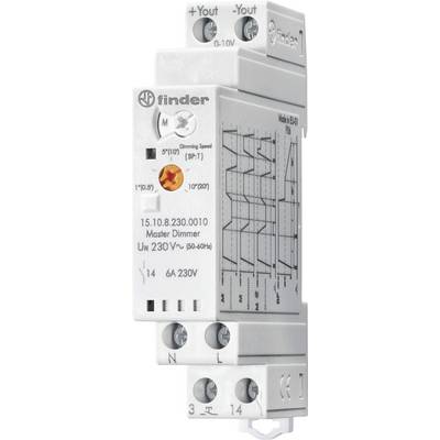 Elektronický stmívač značky Finder, model 15.10, vhodný pro napětí 230V~. Zobrazuje schéma zapojení a detaily připojení.