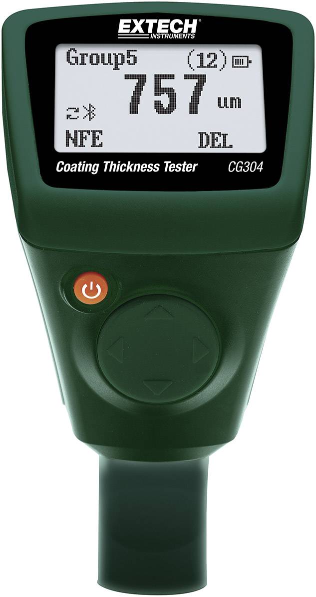 Tloušťkoměr nátěrů Extech CG304 s displejem zobrazuje 'Group 5', '757 µm', symboly Bluetooth a baterie, volba NFE/DEL.