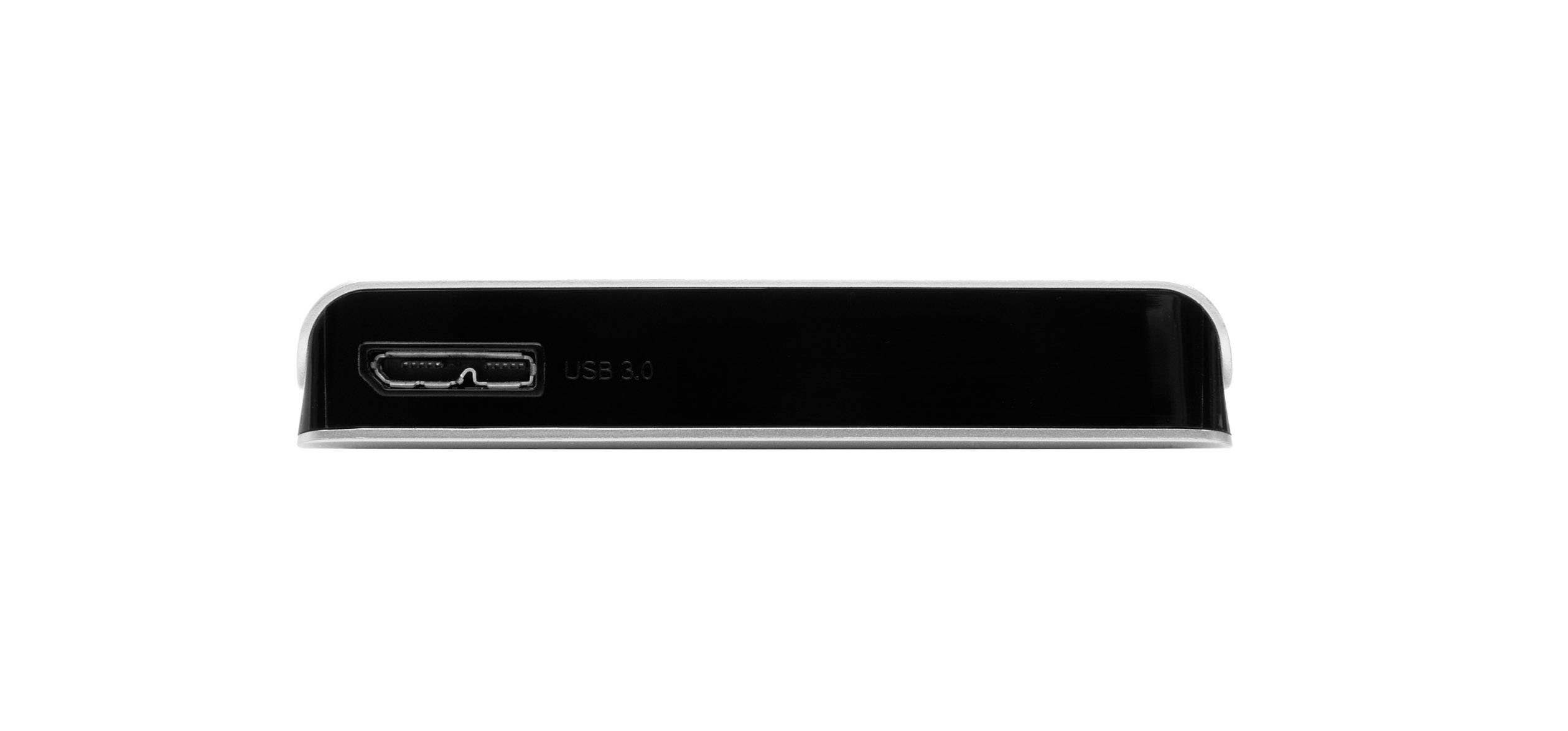 Externí pevný disk, boční pohled s viditelným USB 3.0 konektorem. Černobílý design skříně.