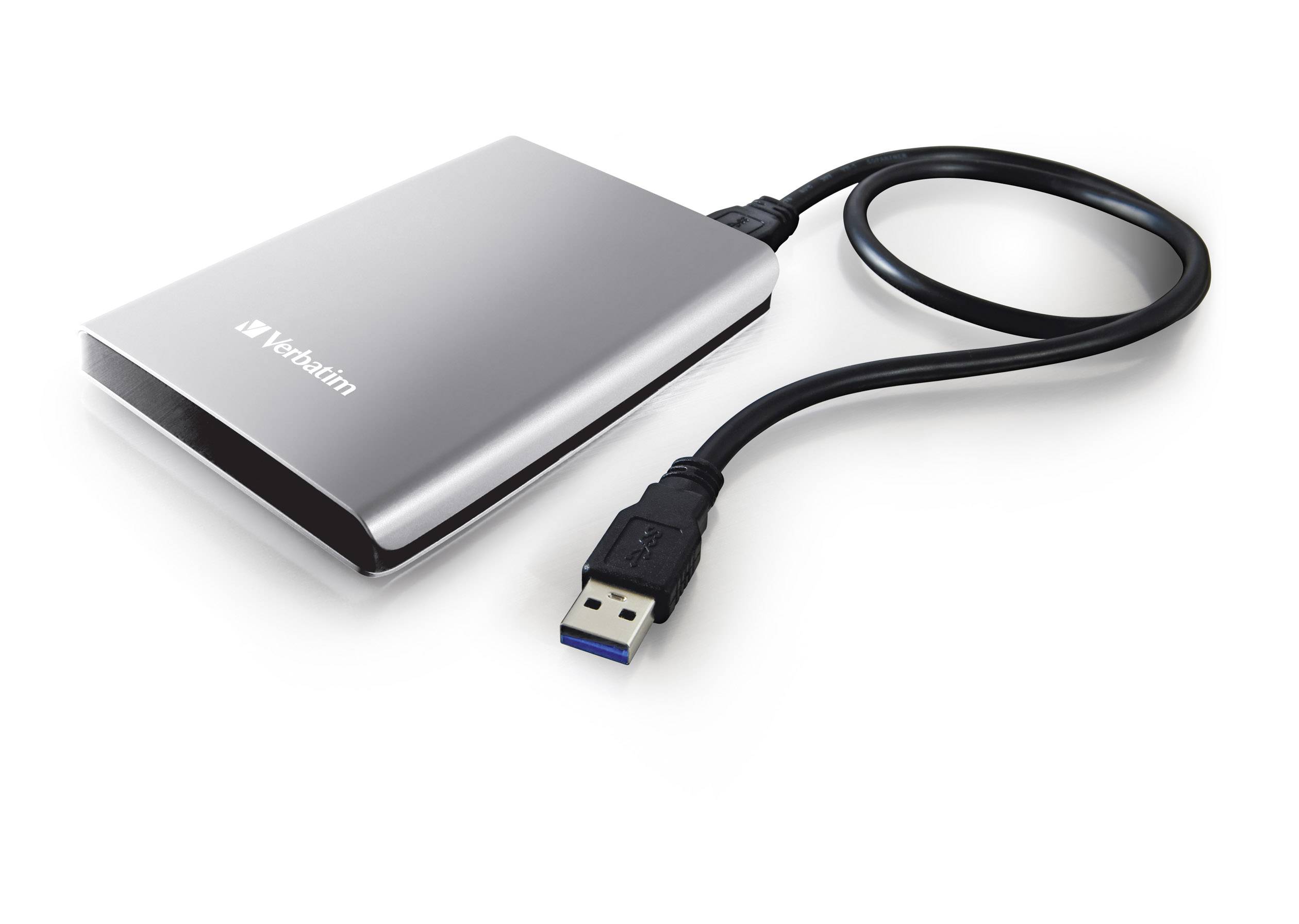 Přenosný externí pevný disk s připojovacím kabelem USB 3.0; stříbrné šasi s názvem značky na povrchu. Ideální pro zálohování a přenos dat.