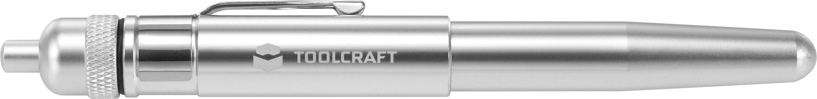 Stříbrný kuličkový roller se svorkou a strukturovaným tlakovým mechanismem. Na straně je nápis 'Toolcraft'.