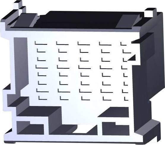 3D model šedého elektronického konektoru obdélníkového tvaru s několika obdélníkovými konektorovými sloty ve vnitřní části.