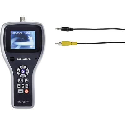 Inspekční kamera 'VOLCRAFT BS-1500T' s obrazovkou a dvěma audio kabely s žlutými a černými konektory vlevo.
