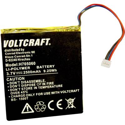 Li-Polymerový akumulátor od VOLTCRAFT s kapacitou 2500mAh, 3,7V, 9,25Wh. Bezpečnostní upozornění: Nerozebírat, nevhazovat do ohně a neskladovat při teplotách vyšších než 45°C.