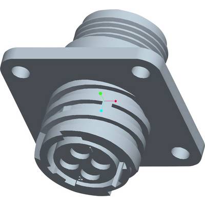 Konektor se závitem válcového tvaru, namontovaný na obdélníkové desce se čtyřmi otvory pro šrouby. Kovový materiál, technický nákres.