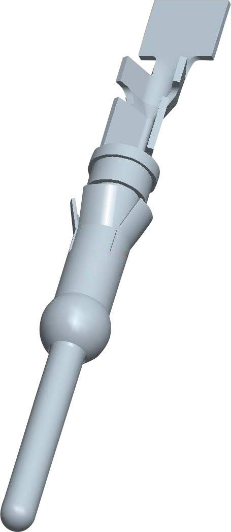 Světle modrý, protáhlý 3D objekt v moderním designu, který pravděpodobně představuje technickou součástku. Pozadí je bílé.