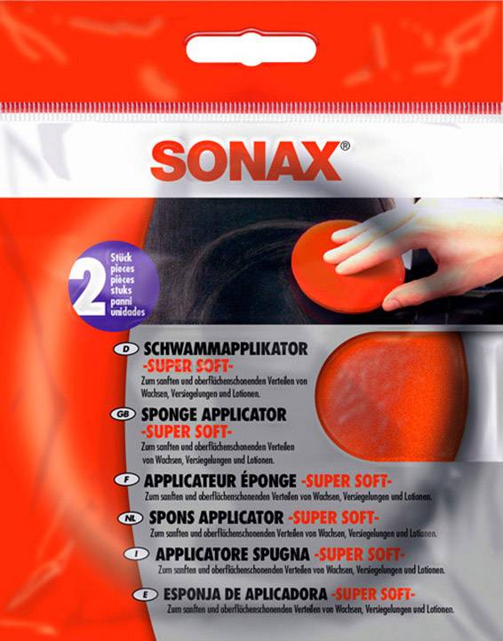 Balení se dvěma červenými houbičkami 'Super Soft' pro aplikaci vosků a ochranných nátěrů značky Sonax.