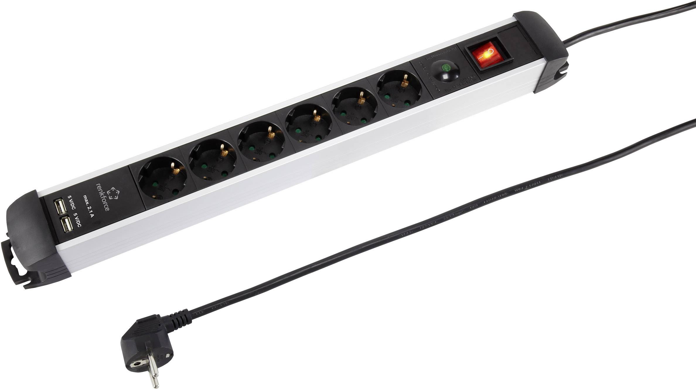 'Stříbrná rozvodná lišta se šesti zásuvkami, dvěma USB porty a vypínačem, s černým kabelem a zástrčkou.'