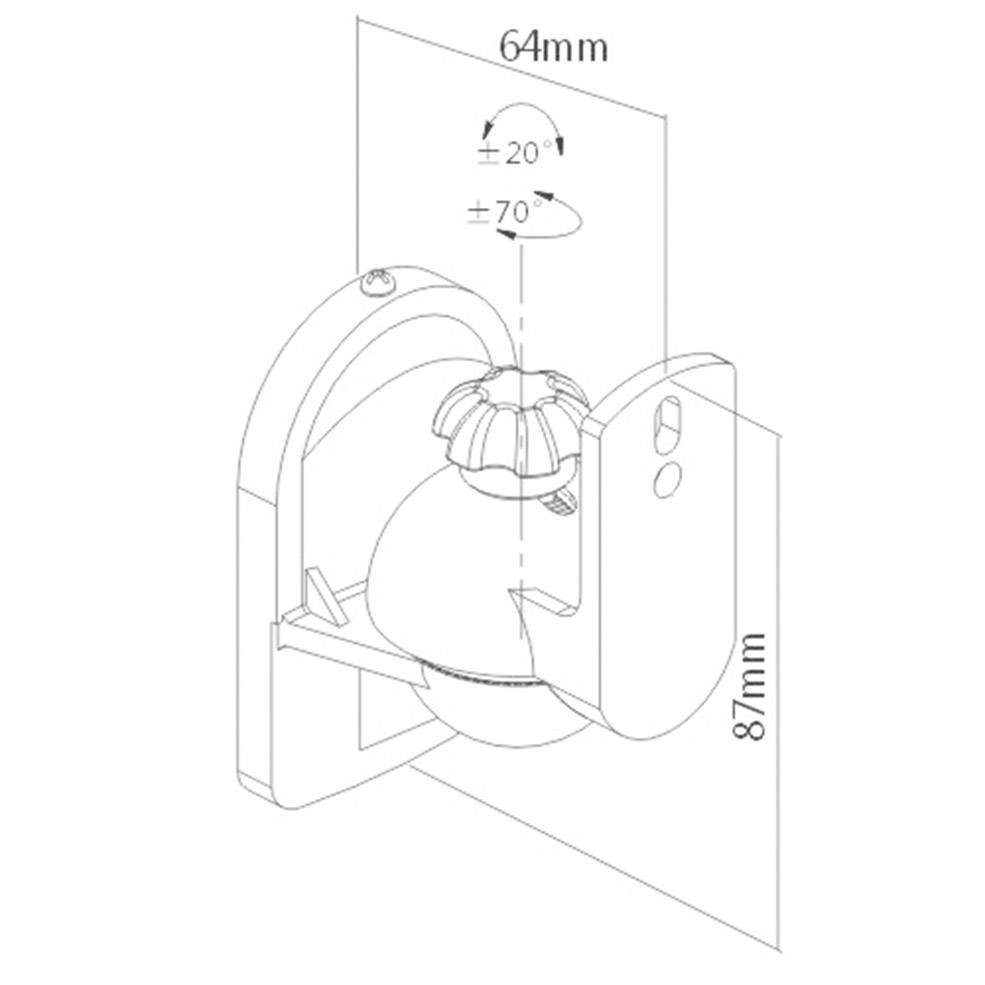 Technický výkres nástěnného držáku s kloubovým mechanismem. Rozměry: šířka 64 mm, výška 87 mm, rozsah naklápění ±20° a ±70°.