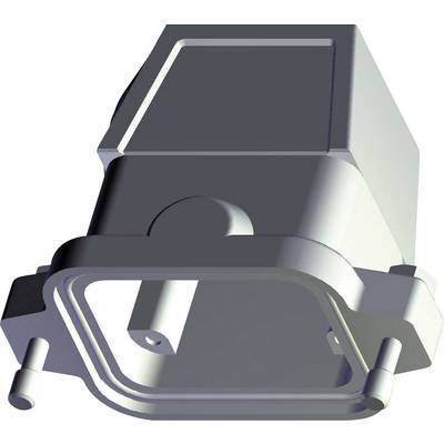 3D zobrazení technické součástky s obdélníkovou a válcovitou strukturou. Převážně v odstínech šedé.