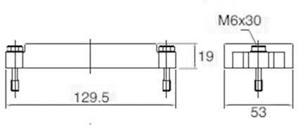 Technický výkres šroubového spoje. Rozměry: šířka 129,5 mm, výška 19 mm. Po straně šroub M6x30, vzdálenost 53 mm.