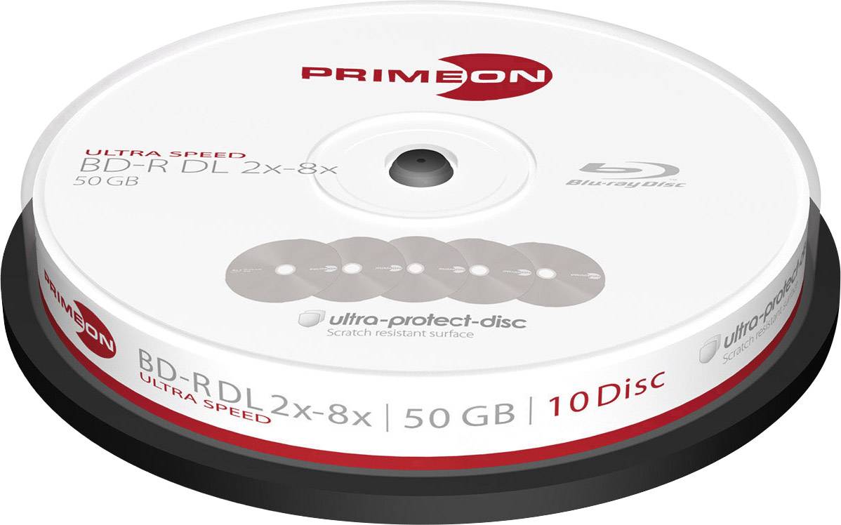 Vřeteno s 10 nepopsatelnými nosiči Primeon BD-R DL, kapacitou 50 GB, ultra-rychlou rychlostí od 2x do 8x, s povrchovou úpravou odolnou proti škrábancům.