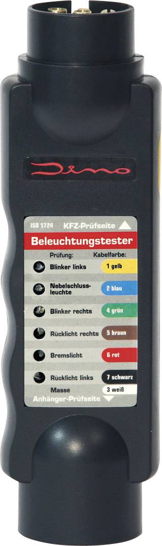 Profesionální tester osvětlení vozidel v černém pouzdře zobrazuje stav automobilových světel pomocí barevně kódovaných indikátorů a tlačítek.