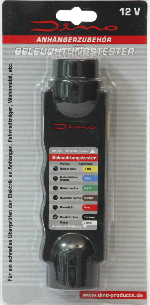 Balení testeru osvětlení pro příslušenství přívěsu, 12 V, s barevnou stupnicí a testovacími funkcemi pro rychlý elektrikářský test.