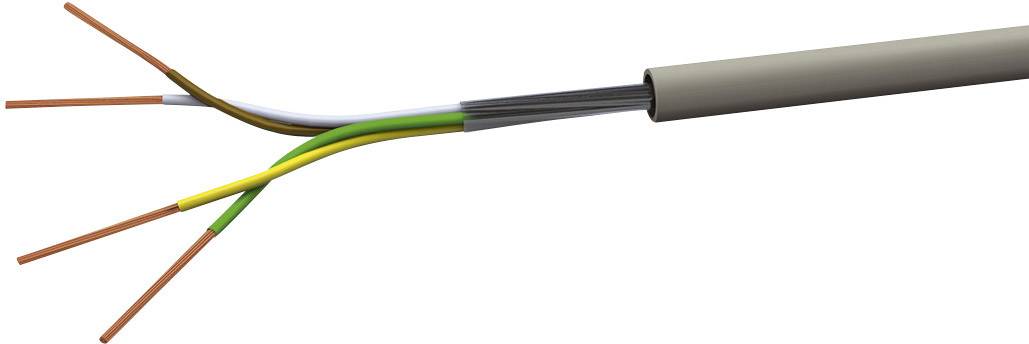 Otevřený kabel s několika barevnými vodiči, včetně hnědé, žluto-zelené, modré a černé. Často se používá při elektrických připojeních.