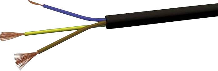 Černý kabel se třemi vyčnívajícími vodiči v různých barvách: modrá, žluto-zelená a hnědá.