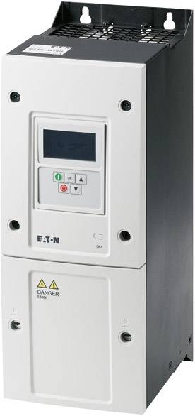 Elektrická rozváděčová skříň s ovládacím panelem a displejem, označená logem EATON. Pod ní se nachází sekce s výstražným symbolem.