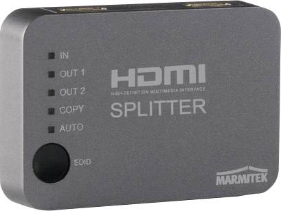 Šedočerný HDMI rozbočovač od Marmitek s konektory pro IN, OUT 1, OUT 2, COPY a AUTO.