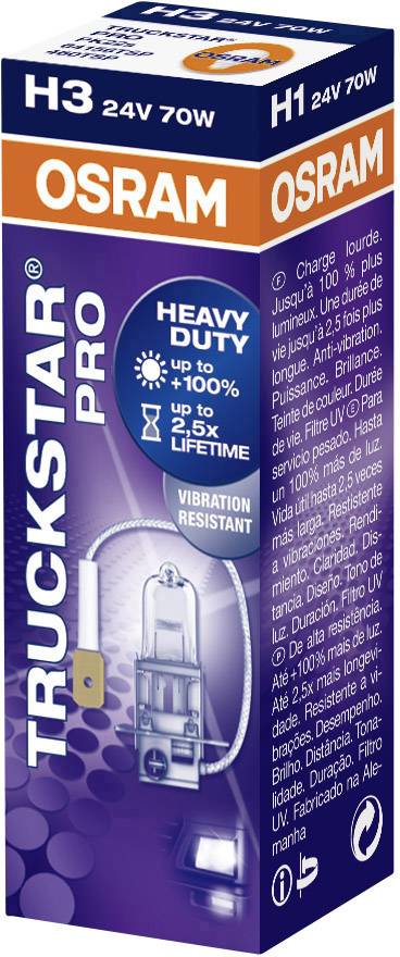 Obal žárovky 'OSRAM Truckstar Pro', 24V 70W, ukazuje vlastnosti dlouhé životnosti a odolnosti vůči vibracím.