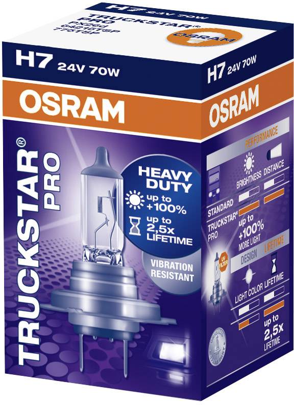 Osram Truckstar Pro H7 žárovka, 24V 70W, s až 100% vyšší svítivostí a 2,5násobnou životností, odolná vůči vibracím.
