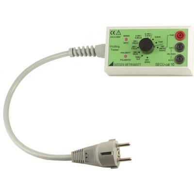 Testovací zařízení s názvem 'SECU-cal 10' s indikačními světly a tlačítky určené ke kontrole elektrických připojení, připojené k elektrickému konektoru.