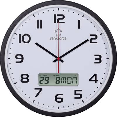 Analogové nástěnné hodiny s černým okrajem a arabskými číslicemi. Digitální displej zobrazuje datum '29 MON' a měsíc '8'.