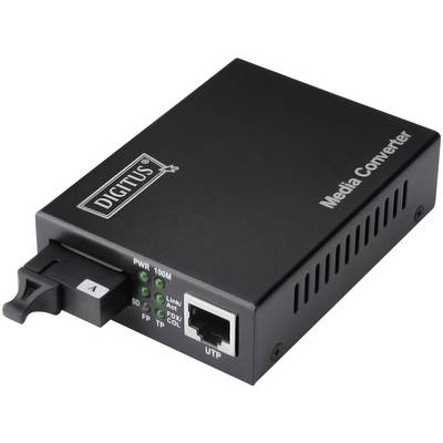 Černý mediální konvertor značky 'Digitus' s porty pro optické kabely a ethernet. LED diody indikují provozní stav.
