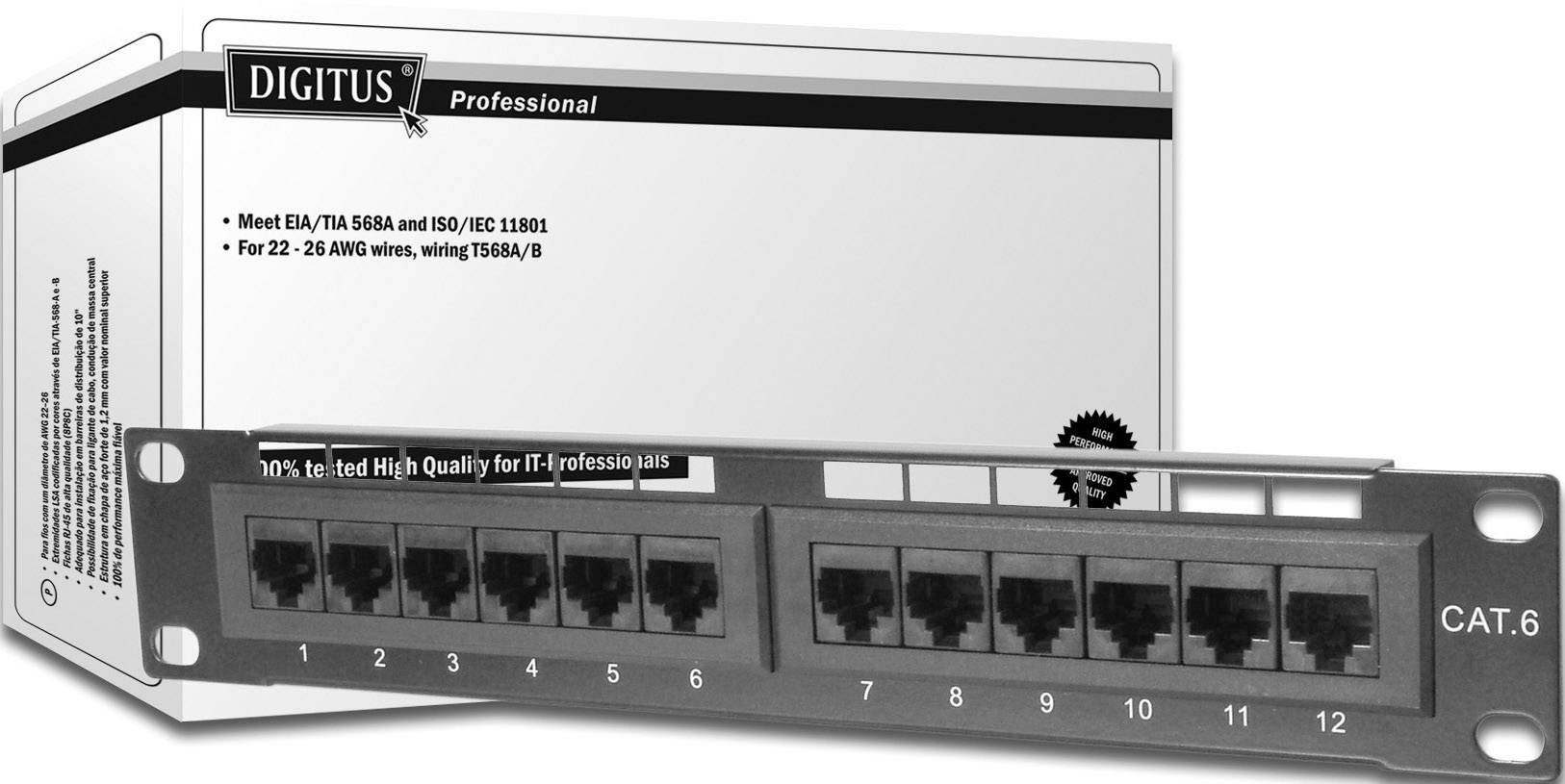 Profesionální patch panel 'Digitus Professional' CAT.6 s 12 porty RJ45, 250 MHz. Balení na pozadí, vhodné pro vodiče 22-26 AWG.