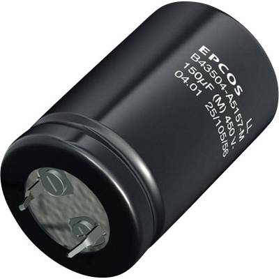 Černý, válcovitý elektronický kondenzátor s nápisem 'EPCOS', opatřený technickými informacemi o kapacitě a napětí.