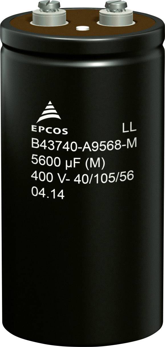Černý válcový kondenzátor s nápisem 'EPCOS B43740-A9568-M 5600 μF (M) 400 V- 40/105/56 04.14'.