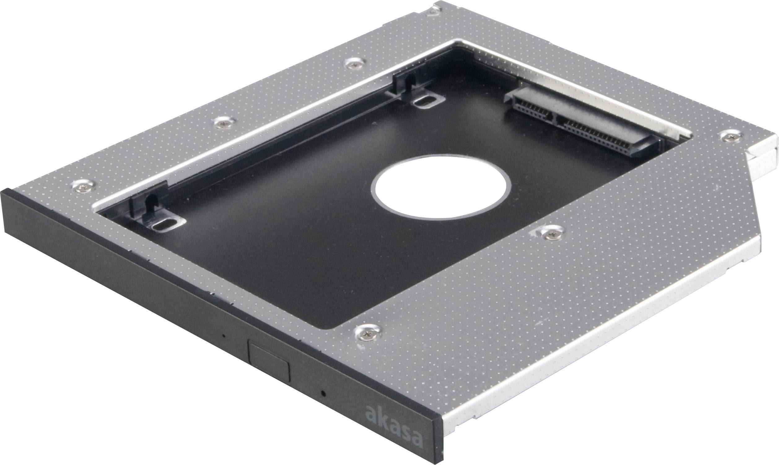 Černý HDD rámeček do notebooku s montážními otvory v rozích, určený pro instalaci pevného disku do prostoru optické mechaniky.