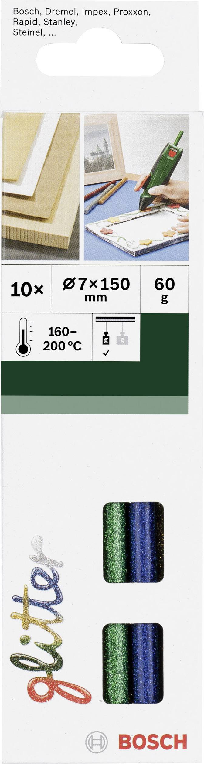 Tavné lepicí tyče Bosch, 10 kusů, Ø7x150 mm, 60 g, vhodné pro teploty 160–200 °C. Ideální pro rukodělné práce.
