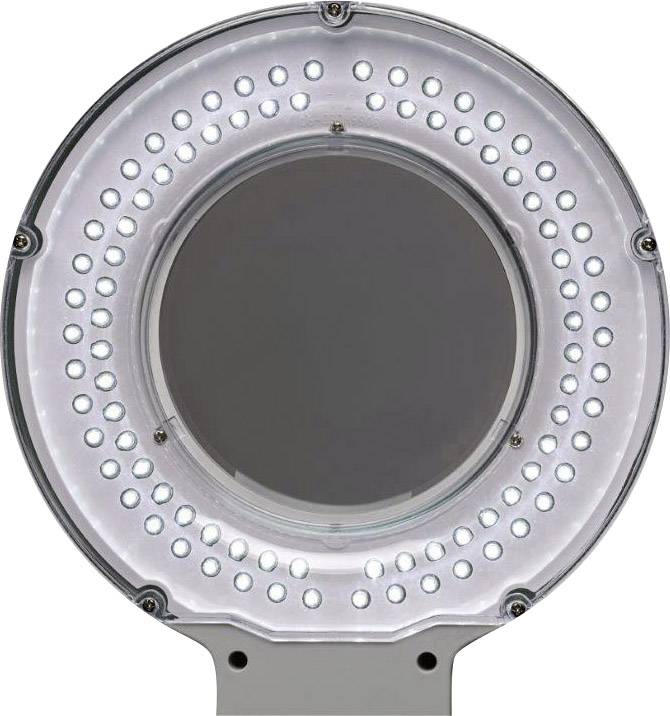 Kruhovité LED světlo s bílým zářením a několika diodami obklopuje tmavou, centrální plochu.