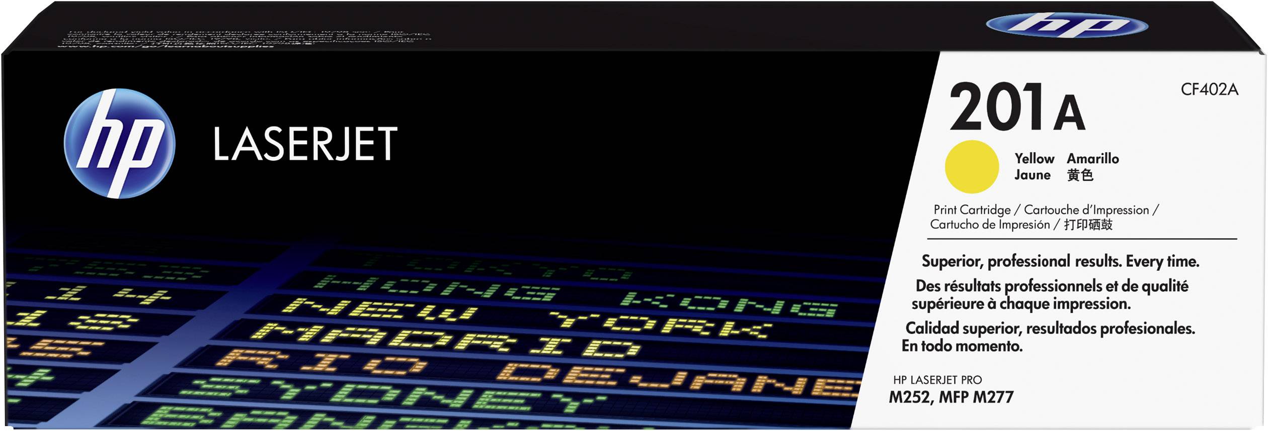 'HP LaserJet 201A Žlutá tonerová kazeta, model CF402A. Kompatibilní s tiskárnami M252, MFP M277. Nabízí profesionální kvalitu tisku.'