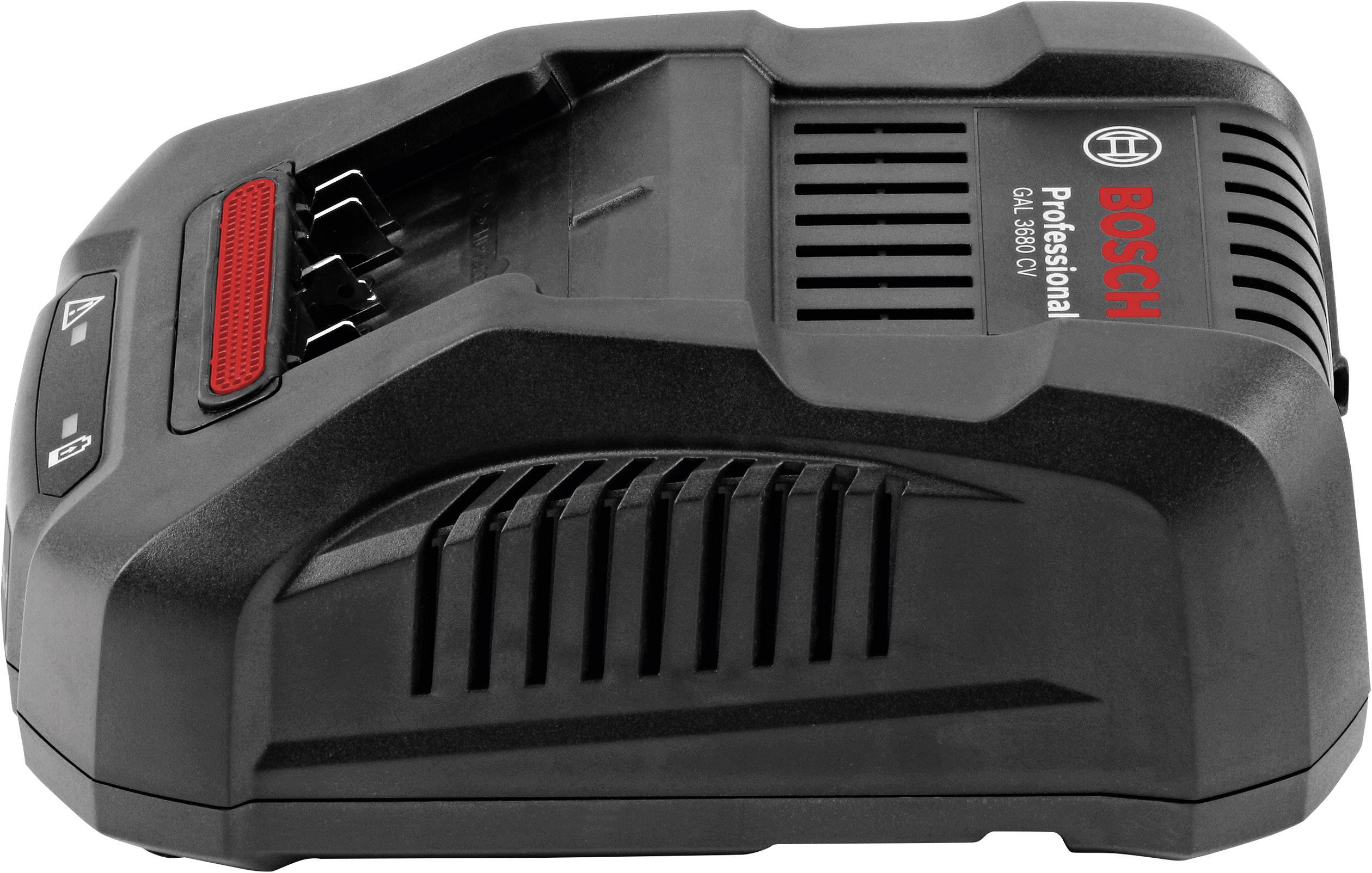 Černá nabíječka pro akumulátory Bosch Professional, model GAL 3680 CV, s červeným logem značky a větracími otvory po stranách.