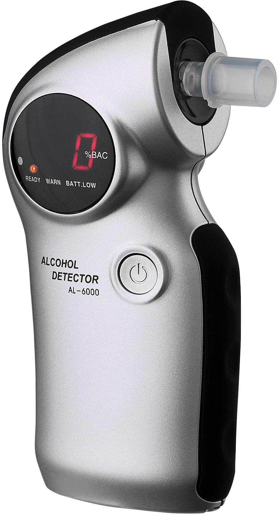 Alkoholtester ve stříbrné barvě s digitálním displejem, náústek umístěn nahoře vpravo. Displej zobrazuje: Připraven, Varování, Nízký stav baterie. Model: AL-6000.
