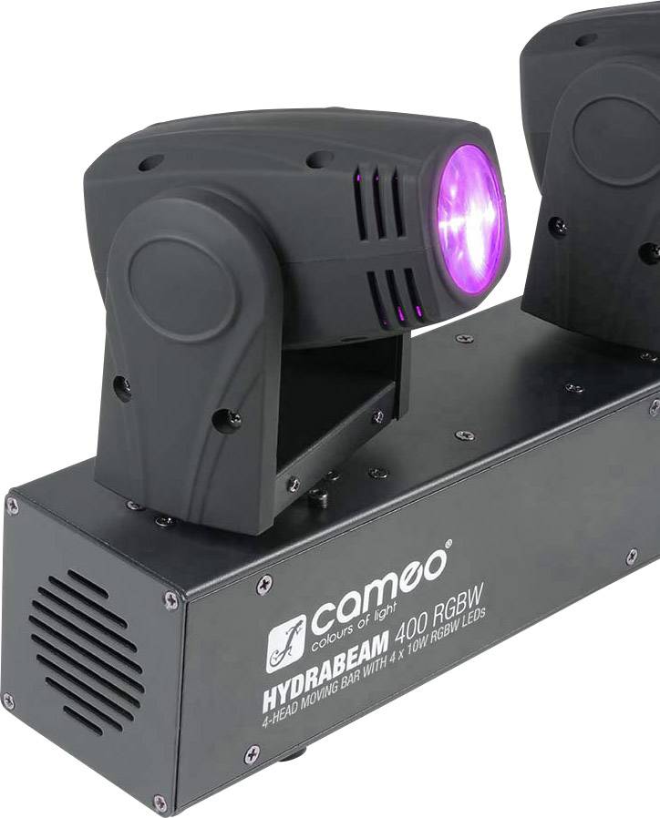 Černý 4-hlavý pohyblivý světelný efekt s jasně růžovým LED osvětlením, produktové označení 'Cameo Hydrabeam 400 RGBW'.