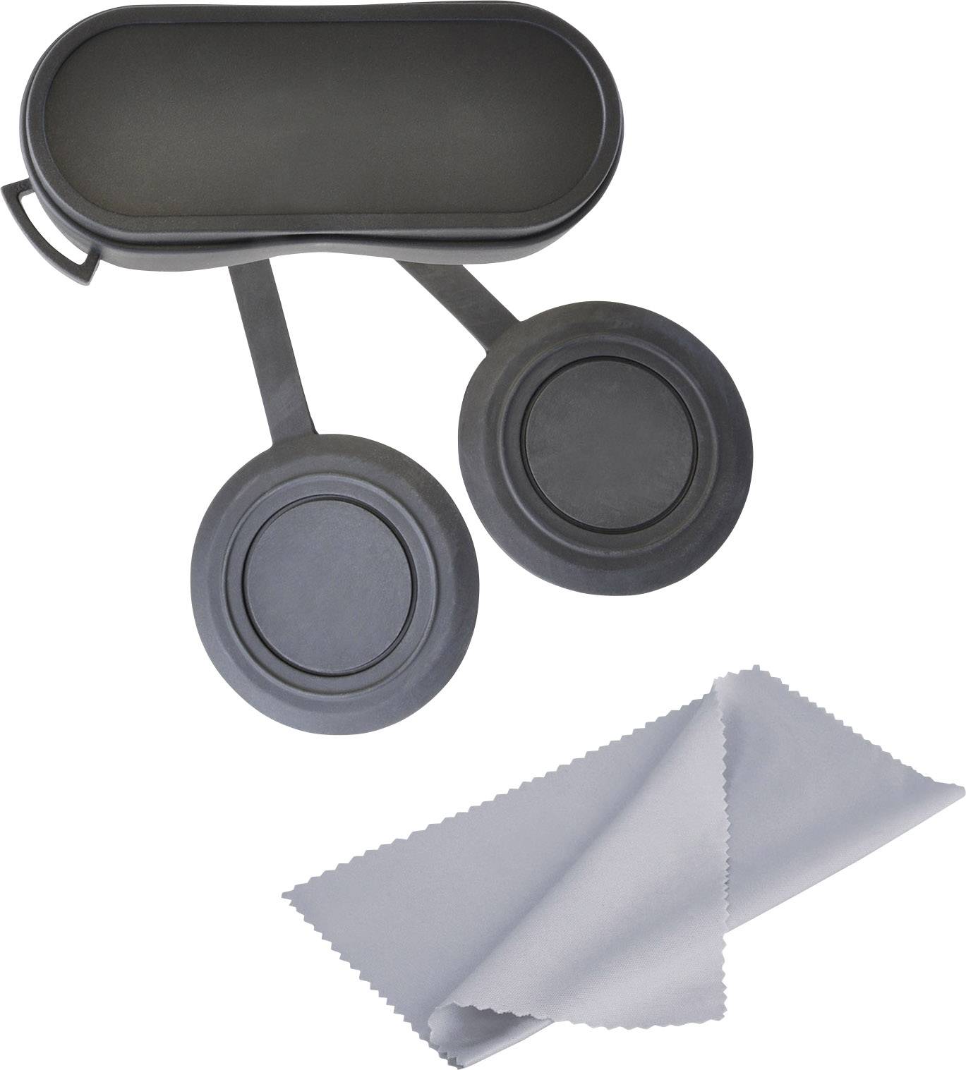Pouzdro na brýle se dvěma vyjímatelnými kulatými víčky a šedou čisticí utěrkou.