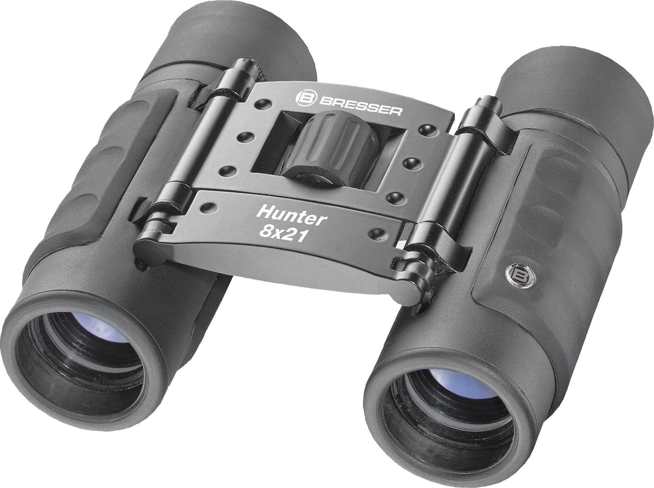 Dalekohled Bresser, model 'Hunter 8x21', černý s modrými čočkami, kompaktní a sklopný pro outdoorové aktivity.