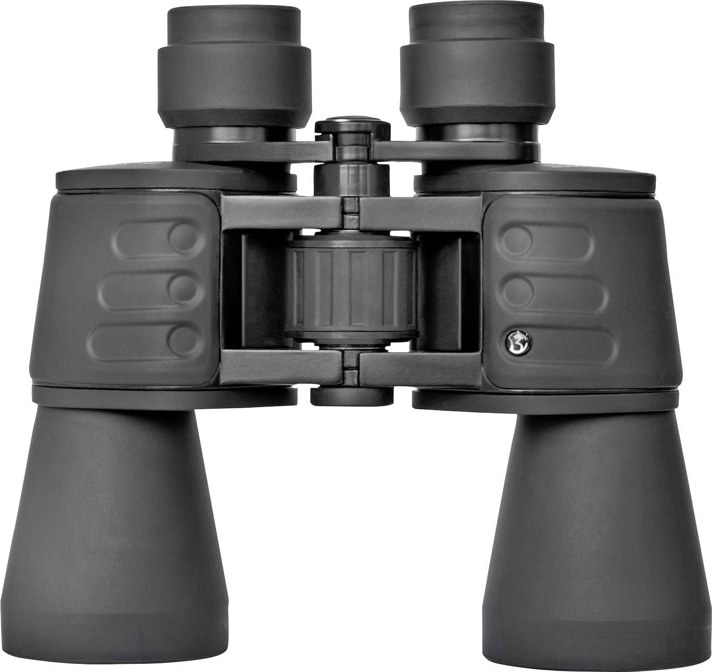 Černý dalekohled na bílém pozadí, který vypadá robustně a funkčně. Má velké objektivy a ergonomický design.