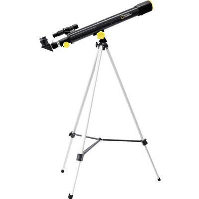 Teleskop na stativu s černým tělem a žlutými nastavovacími knoflíky, vhodný pro astronomická pozorování.