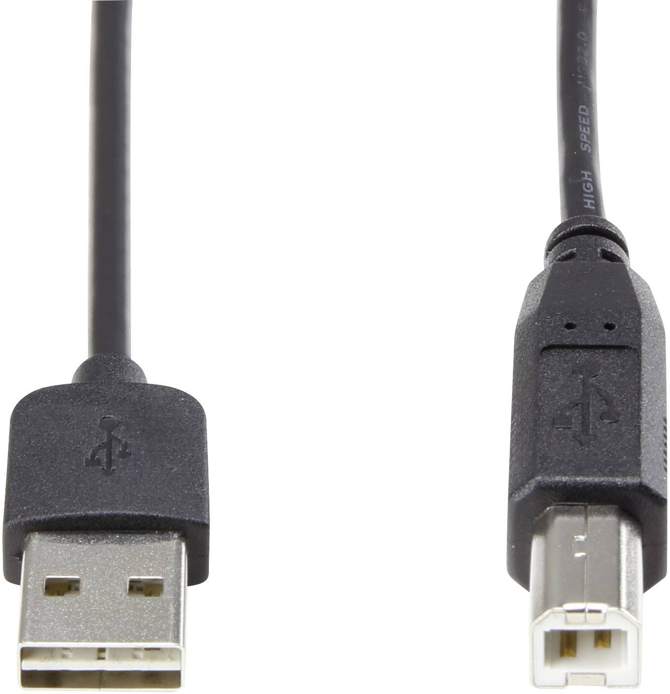 Černý USB kabel s USB-A konektorem na levé straně a USB-B konektorem na straně pravé, umístěný před bílým pozadím.