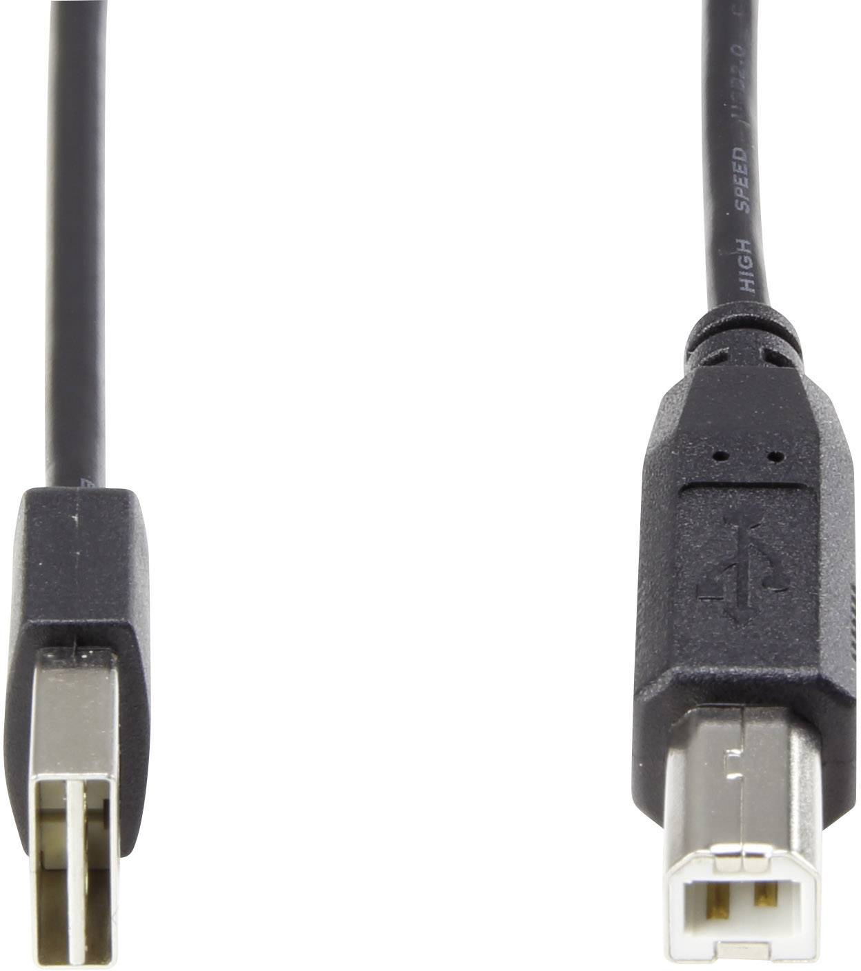 USB kabel s obdélníkovým USB-A konektorem a čtvercovým USB-B konektorem na koncích.