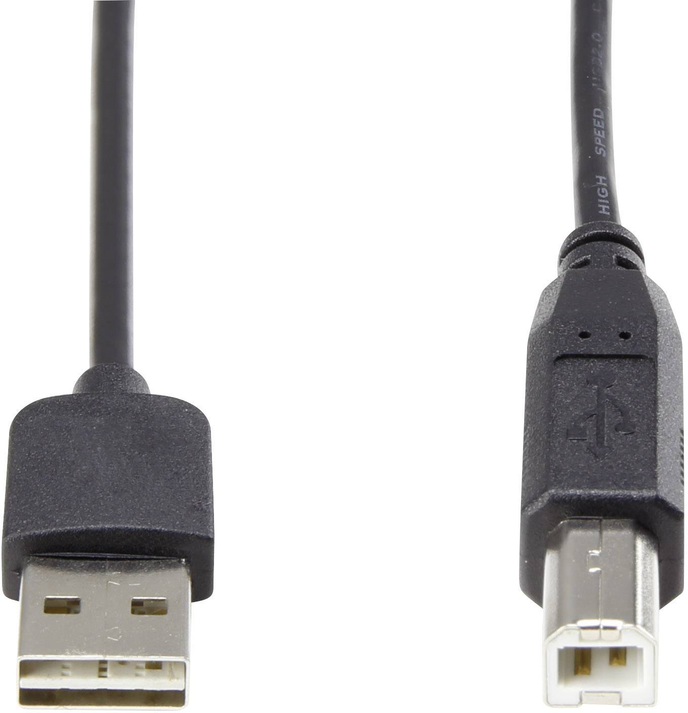 Černý USB kabel s USB-A konektorem vlevo a USB-B konektorem vpravo, na bílém pozadí.