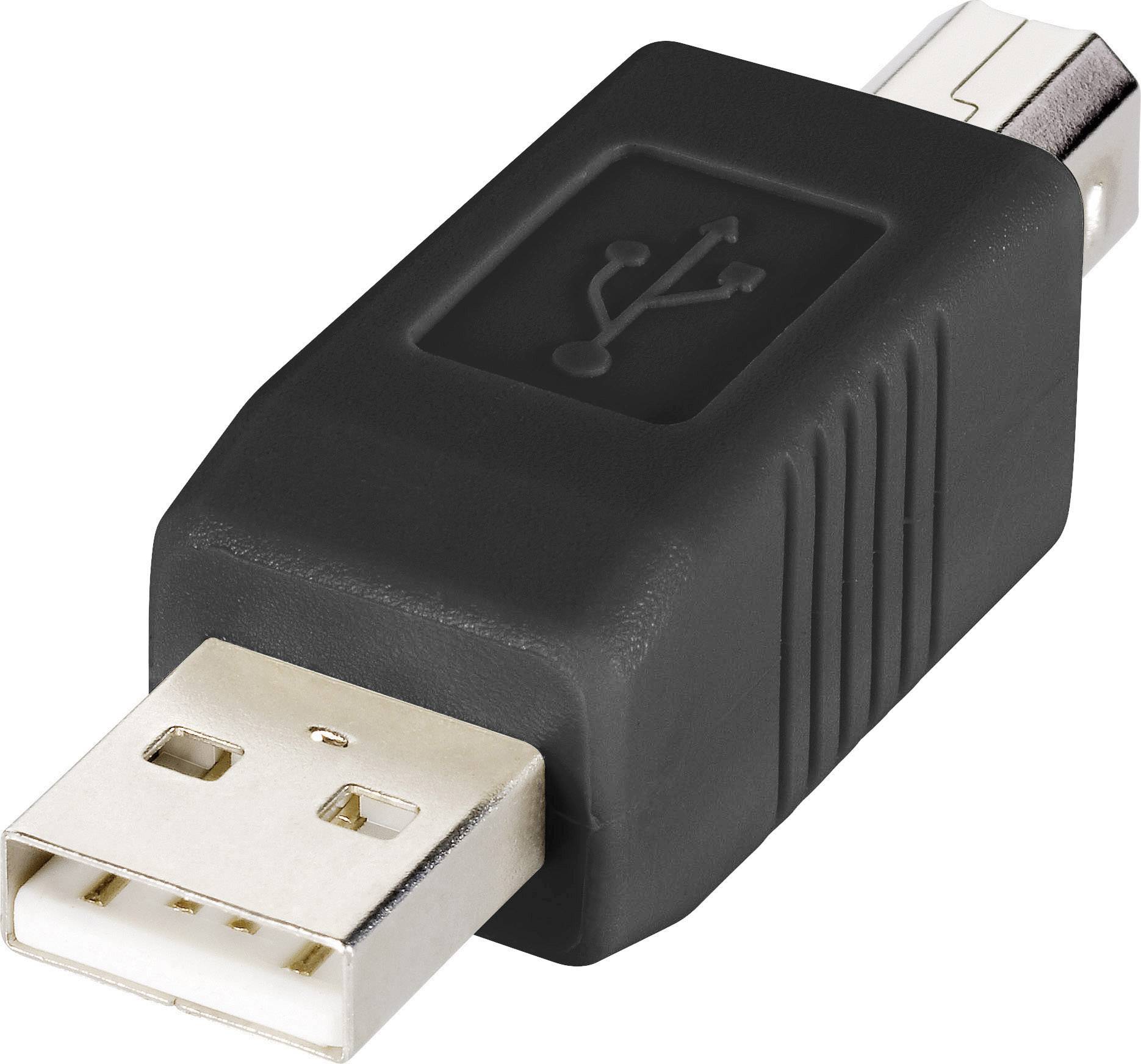 USB adaptér s USB-A konektorem na jedné straně a USB-B konektorem na straně druhé, černý, určený pro přenos dat.