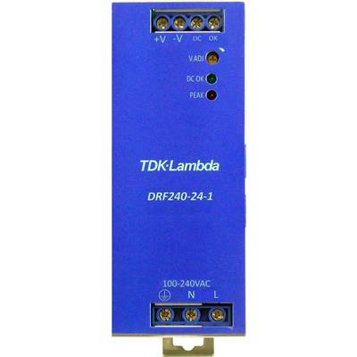 Modré síťové napájecí zařízení s nápisem 'TDK Lambda DRF240-24-1'. Na horní straně jsou umístěny konektory a LED diody pro stavové indikace.