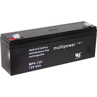 Černá, obdélníková olověná baterie značky 'multipower', bezúdržbová a dobíjecí, se specifikacemi 12V 4Ah.